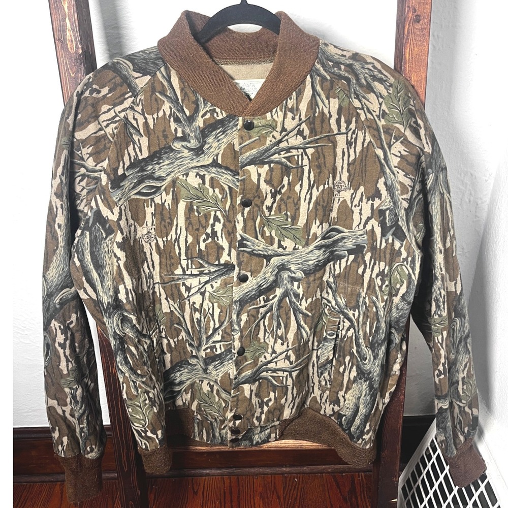 Vintage Mossy Oak Treesrand Camo Bomber Jacket Mens L Made USA Snap Front Brown